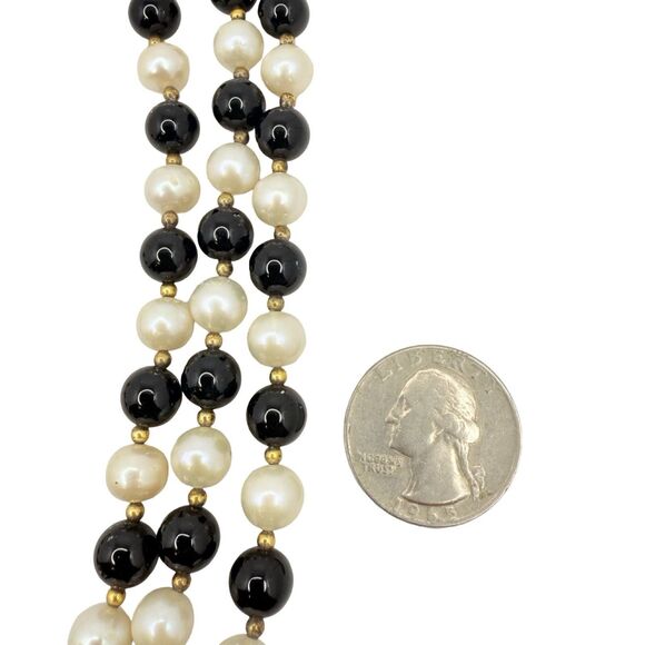 VTG White Pearl & Onyx Multi Strand Necklace 18" Gold Over 925 Sterling Silver - Picture 11 of 12